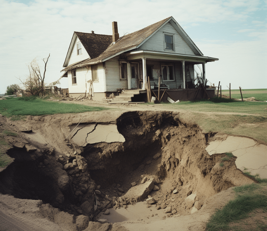 Image of a house with a damaged foundation due to swelling of expansive soil