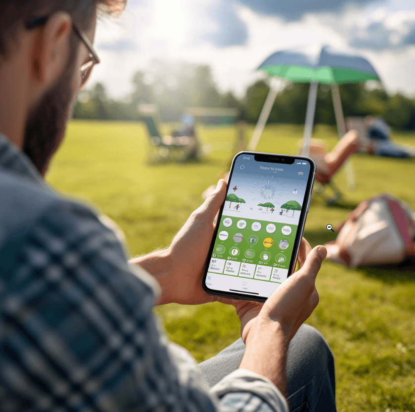 Image of a person planning a picnic outdoors using a weather forecast mobile app