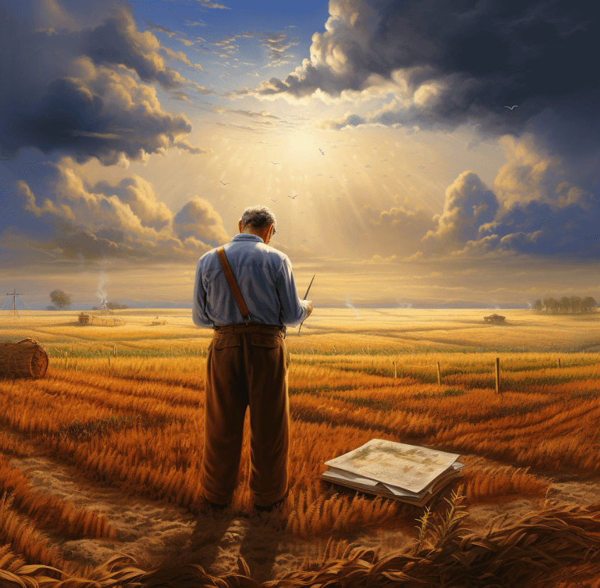 mage of a farmer checking the weather forecast before plowing a field