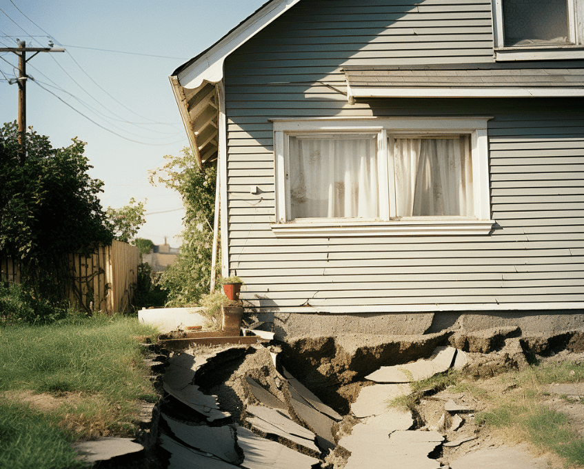 Image of a house with cracks in the foundation and walls caused by swelling expansive soil