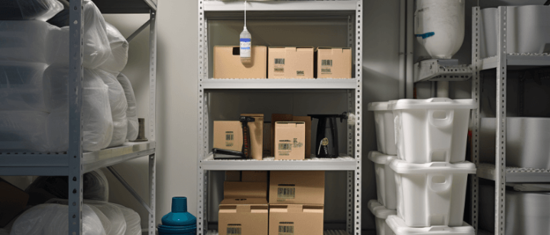 Image of a storage room with a drying agent to control humidity and prevent damage