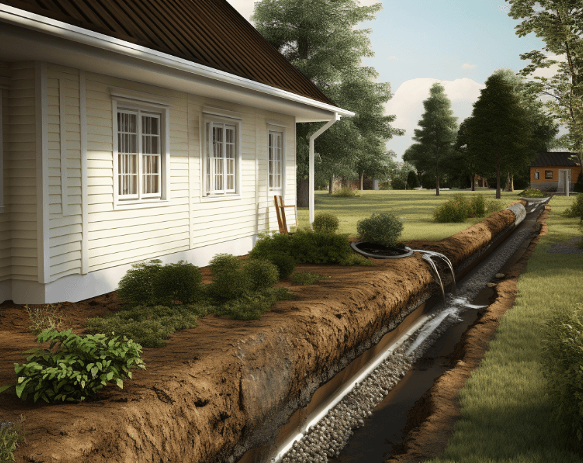 Image of a drainage system around a house to divert excess moisture away from expansive soil